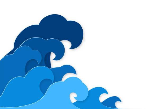 ilustraciones, imágenes clip art, dibujos animados e iconos de stock de salpicadura de papel. salpicaduras rizadas de diseño de corte de papel de las olas marinas de agua azul, tsunami de tormenta oceánica en concepto vectorial de estilo origami japonés - wave sea storm water