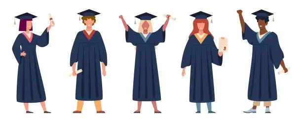 Vector illustration of Graduated student. Happy students with diplomas wearing academic gown and graduation cap, group with education certificate vector set