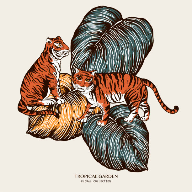 istock Vector vintage greeting card of tiger, tropical leaves. 1210186928