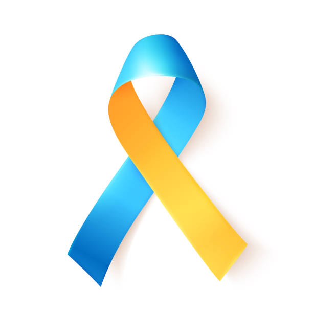 niebieska żółta wstążka na białym tle. symbol szablonu dla światowego dnia zespołu downa 21 marca. wektor - congenital stock illustrations