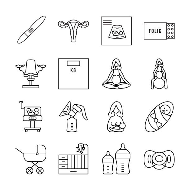 Pregnancy and childbirth line vector icon set. Group of objects about pregnancy and the birth of a baby and breastfeeding. Prenatal yoga and neonatal intensive care unit. Pregnancy and childbirth line vector icon set. Group of objects about pregnancy and the birth of a baby and breastfeeding. Medical equipment.  Pregnant yoga incubator stock illustrations