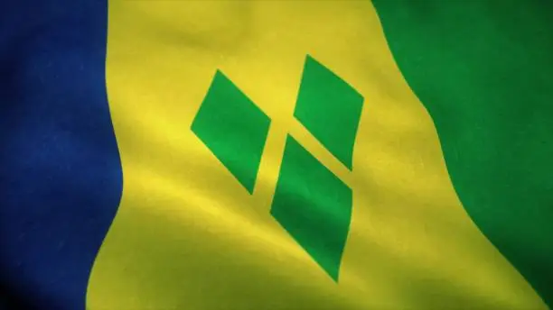 Photo of Saint Vincent and the Grenadines flag waving in the wind. National flag of Saint Vincent and the Grenadines. Sign of Saint Vincent and the Grenadines. 3d rendering