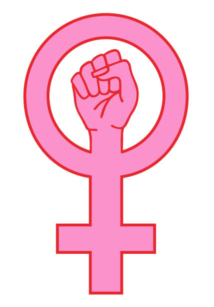 Female sign with hand, vector illustration Pink female sign with fighting hand, vector illustration female gender symbol stock illustrations