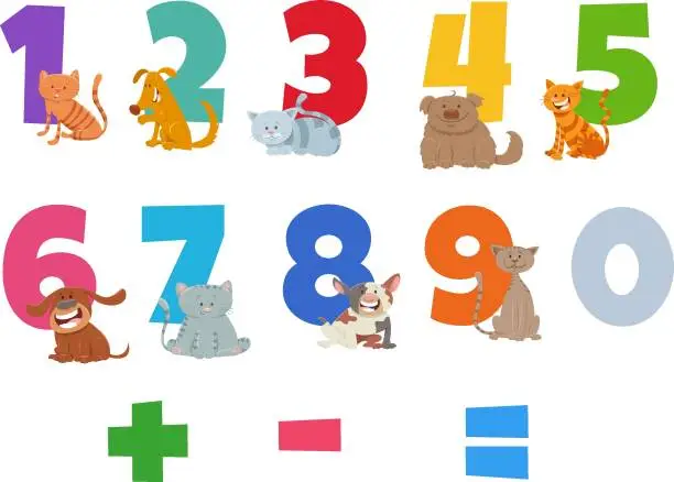 Vector illustration of numbers set with funny cats and dogs