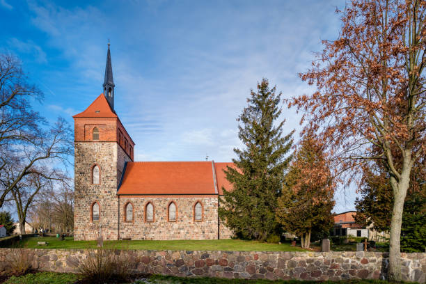 Listed village church Wesendahl at the Brandenburg "Jakobsweg" ("Way of Saint James") in winter stock photo