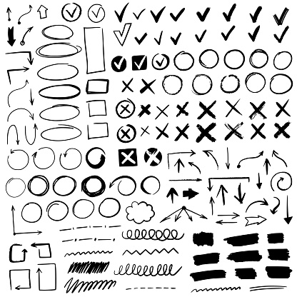 Hand drawn check signs. Doodle black check quality marks and underlines, cross, circles, arrow mark for list items, yes or no checklist vector checkmark icons