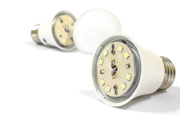 istock Inside of old LED light bulb on white background, Repair Service, isolated. 1210189934