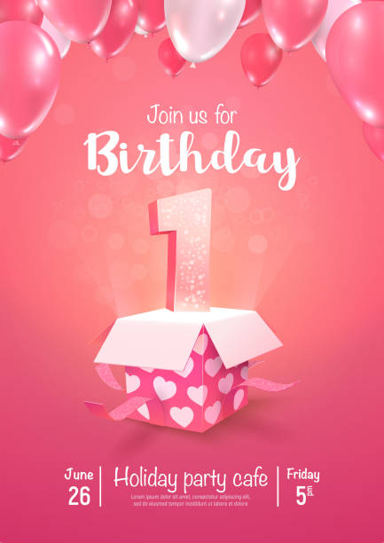 illustrazioni stock, clip art, cartoni animati e icone di tendenza di celebrazione di 1 anno di compleanno vettoriale illustrazione 3d su sfondo morbido. anniversario del primo anno e scatola regalo aperta con modello poster palloncini. - first birthday