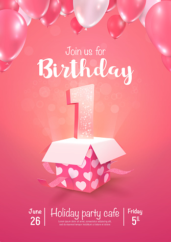 Celebrating of 1 years birthday vector 3d illustration on soft background. First year anniversary and open gift box with balloons poster template