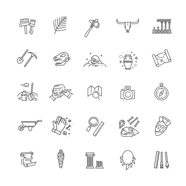 ilustraciones, imágenes clip art, dibujos animados e iconos de stock de iconos de línea vectorial de arqueología establecidos - arqueología