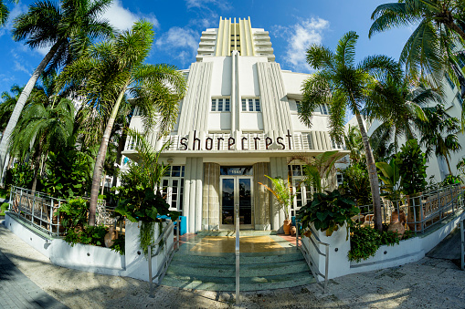 Miami Beach, Florida USA - December 29, 2015: Fish eye view of the beautiful Shorecrest Hotel in Miami Beach, a popular international travel destination, with palm trees and art deco architecture.
