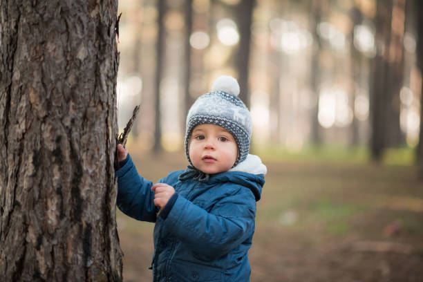 istock Little child playing with trees in a park 1210194116