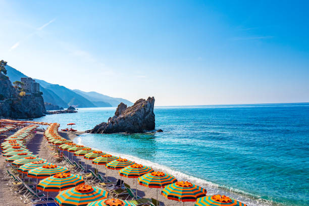 Monterosso beach with beach umbrellas and a view of the Ligurian Sea.