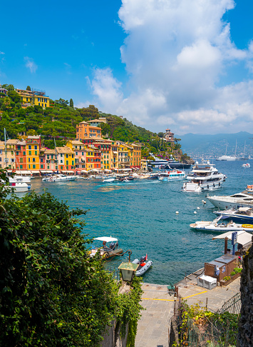 Panoramic view of the village of Portofino in Italian Riviera