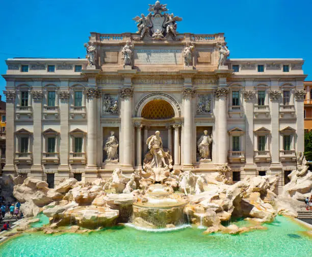 Trevi fountain in the Piazza di Trevi is a famous Baroque fountain and a large tourist attraction in Rome.