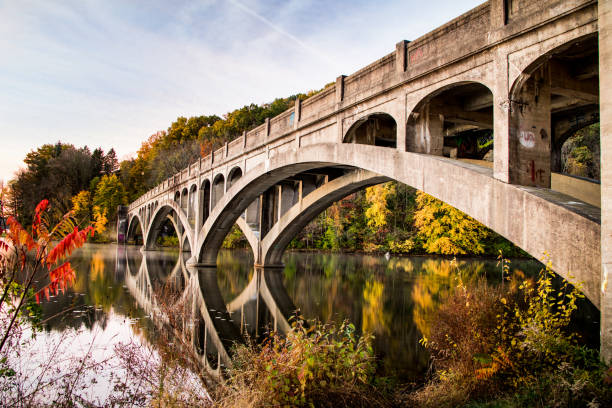 Wide angle view of the closed bridge on the north side of Lake Ontelaunee amid fall foliage