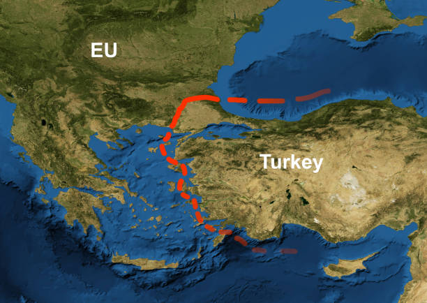 Border EU and Turkey on geographic map, refugee crisis concept. Conflict between European Union and Turkey over the flow of migrants. Border EU and Turkey on geographic map, refugee crisis concept. Conflict between European Union and Turkey over the flow of migrants. Elements of this image furnished by NASA. topographic map photos stock pictures, royalty-free photos & images