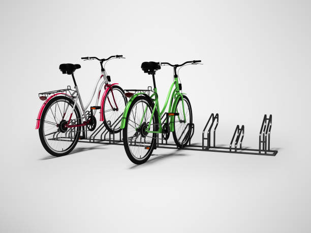 istock Bicycle parking with two bicycles parked 3d render on gray background with shadow 1210200005