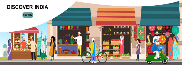 Discover India concept. Vector of a traditional indian market street with buildings, people and passing by transport Discover India concept. Vector of a traditional indian market street with buildings, people and passing by transport india indian culture market clothing stock illustrations