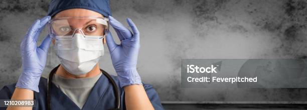 Female Doctor Or Nurse Wearing Scrubs And Protective Mask And Goggles Banner Stock Photo - Download Image Now