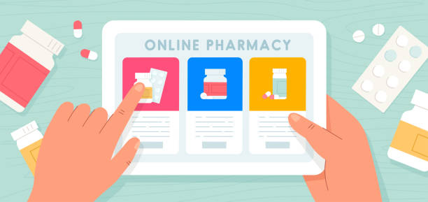 ilustrações de stock, clip art, desenhos animados e ícones de online pharmacy. pills buy online via internet application. the concept of online pharmacy. vector illustration - note pad medicine healthcare and medicine pharmacy