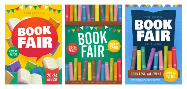 Vector illustration of Book Fair poster event Invitation. Bookshelf. Book Festival flyer. Vector illustration