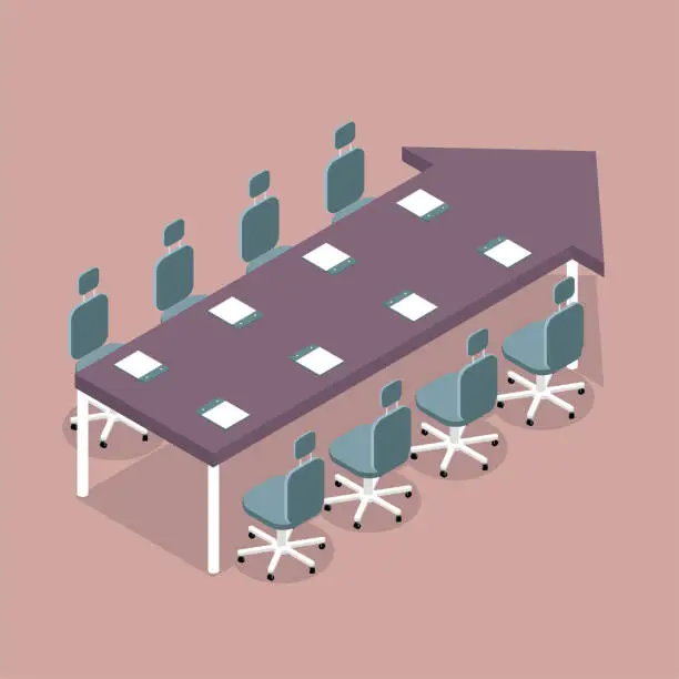 Vector illustration of Vector drawn conference table, notebook on the table. The table is an arrow symbol. The background is brown.