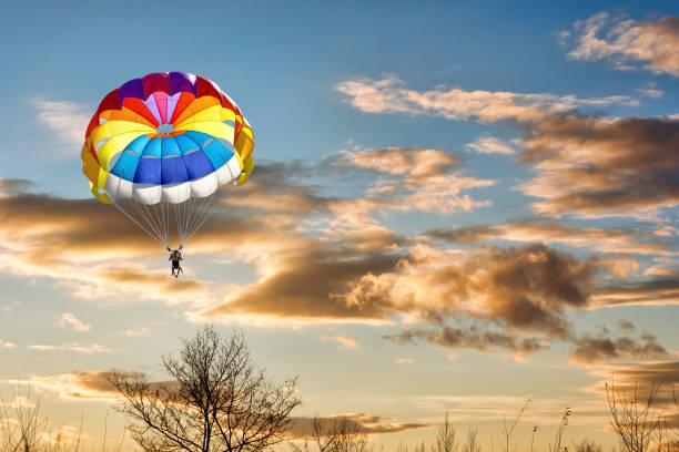 Gliding with a parachute on the background of sunset.