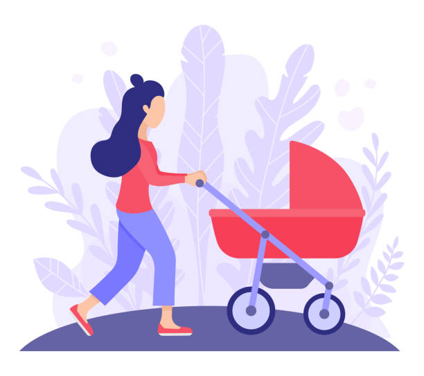 A young mother walks with a newborn who is in a red stroller. Vector flat design illustration for landing pages and magazine articles. Young modern european brunette woman on a walk among nature. A young mother walks with a newborn who is in a red stroller. Vector flat design illustration for landing pages and magazine articles. Young modern european brunette woman on a walk among nature baby carriage stock illustrations