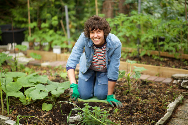 istock smiling woman on knees digging in garden soil 1210217404