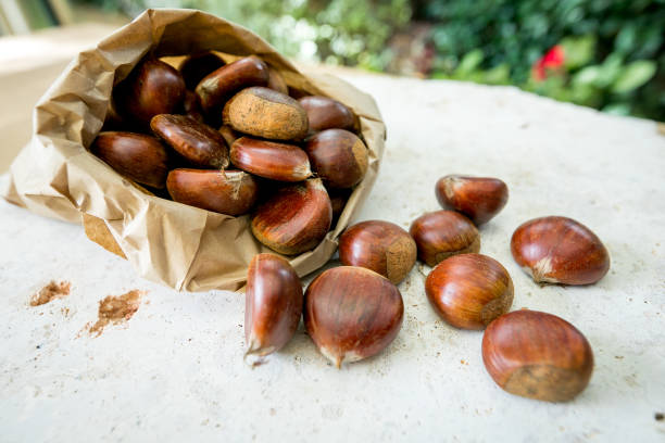 istock Chestnuts in brown paper bag on textured foreground 1210229531