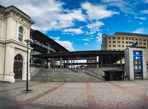 Oslo, Norway - August 3, 2018: The main entrance to the Oslo Central Railway Station in Norway. The sign with the name of the station.
