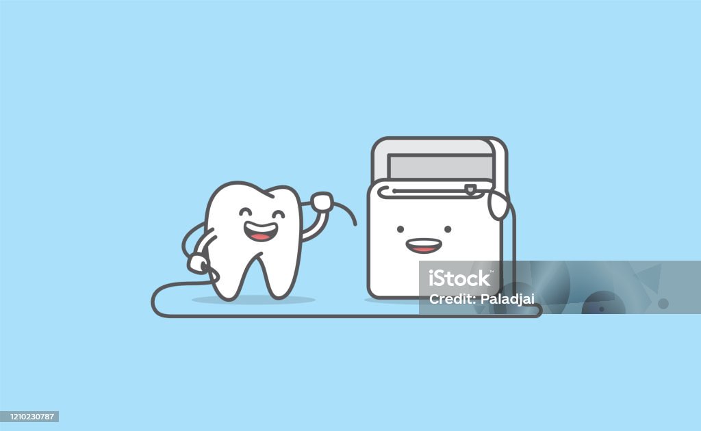 Dental Cartoon Of A White Tooth Cleaning With Dental Floss Illustration  Cartoon Character Vector Design On Blue Background Dental Care Concept  Stock Illustration - Download Image Now - iStock
