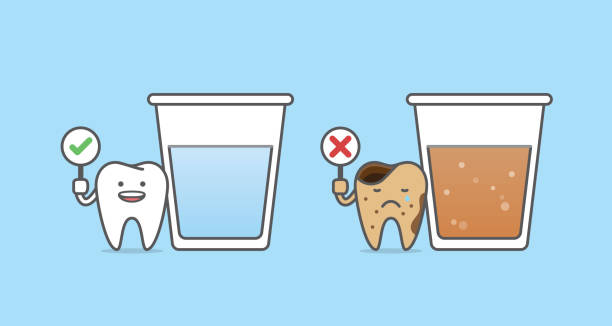 Dental cartoon of a healthy tooth with glass of water and a caries tooth with glass of soda drink illustration cartoon character vector design on blue background.  Dental care concept. Dental cartoon of a healthy tooth with glass of water and a caries tooth with glass of soda drink illustration cartoon character vector design on blue background.  Dental care concept. stain test stock illustrations
