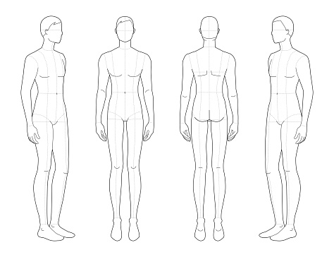 Fashion template of standing men. 9 head size for technical drawing with main lines. Gentlemen figure front, 3-4 and back view. Vector outline boy for fashion sketching and illustration.