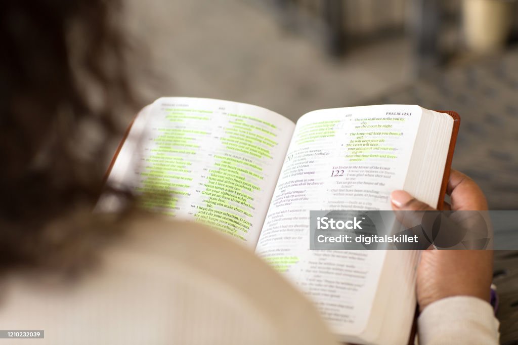 Mature African American woman sitting outside reading. Mature African American woman sitting outside reading The Bible. Bible Stock Photo