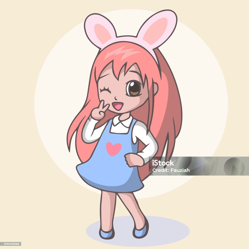 Hoạt Hình Cô Gái Dễ Thương Đeo Tai Thỏ Với Bàn Tay Dấu Hiệu Hòa ...