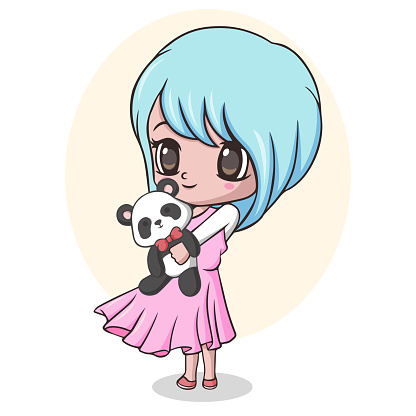 Cute Little Girl Holding Panda Doll Stock Illustration - Download Image Now  - Manga Style, Girls, Cartoon - iStock