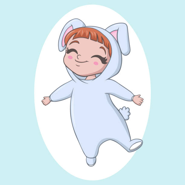 ilustraciones, imágenes clip art, dibujos animados e iconos de stock de linda niña que lleva un traje de conejo - rabbit baby rabbit hare standing