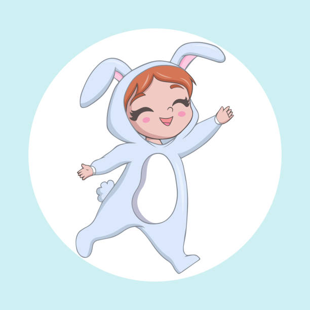 ilustraciones, imágenes clip art, dibujos animados e iconos de stock de linda niña que lleva un traje de conejo - rabbit baby rabbit hare standing