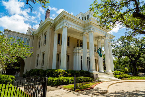 New Orleans, Louisiana USA - April 21,2016: The beautiful colonial style home and private residence of the President of Tulane University on Saint Charles Avenue.