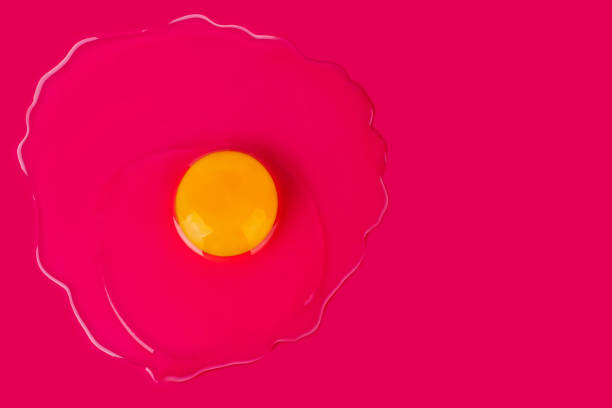 istock Raw egg with yellow yolk on bright pink background top view close up, uncooked broken egg on red backdrop, art Easter banner, creative paschal poster, food wallpaper concept, trendy design, copy space 1210238135
