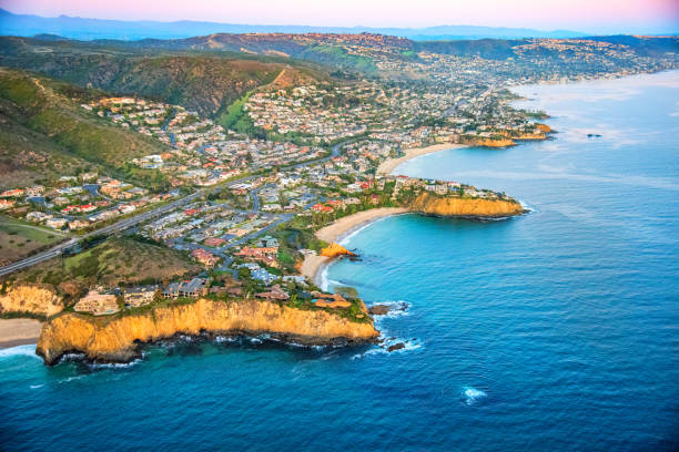 Laguna Beach Aerial Wide angle aerial view of the homes along the beautiful coastal cliffs of Laguna Beach, California. laguna beach california photos stock pictures, royalty-free photos & images