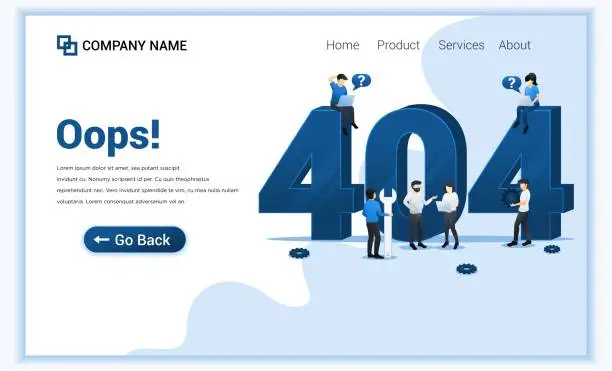 Vector illustration of 404 error page not found concept with people trying to fix error on website page near big symbol 404. Can use for web banner, landing page, website template. Modern flat vector illustration