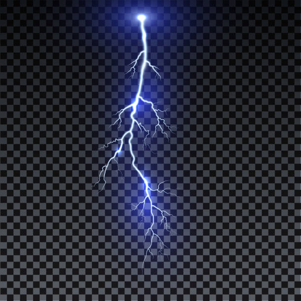 Realistic lightning. Thunder spark light on transparent background. Illuminated realistic path of thunder and many sparks. Bright curved line. vector art illustration