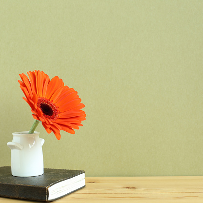 Vintage diary with gerbera flower on wooden table with khaki background. copy space