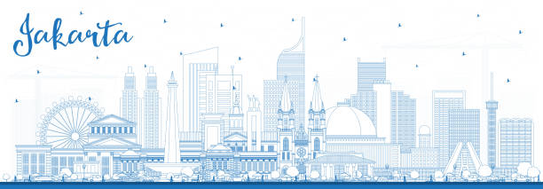 Outline Jakarta Indonesia City Skyline with Blue Buildings. Outline Jakarta Indonesia City Skyline with Blue Buildings. Vector Illustration. Business Travel and Tourism Concept with Historic and Modern Architecture. Jakarta Cityscape with Landmarks. jakarta stock illustrations