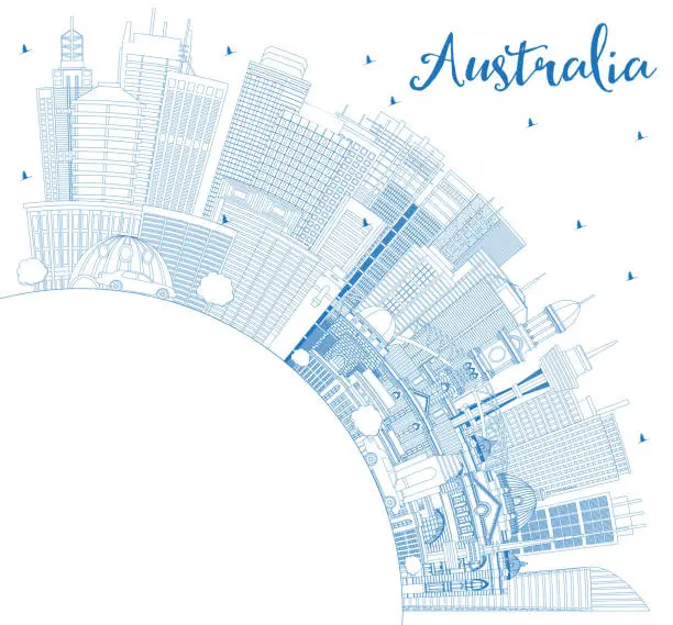 Vector illustration of Outline Australia City Skyline with Blue Buildings and Copy Space.