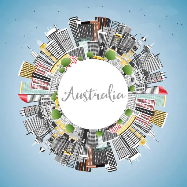 Vector illustration of Australia City Skyline with Gray Buildings, Blue Sky and Copy Space.