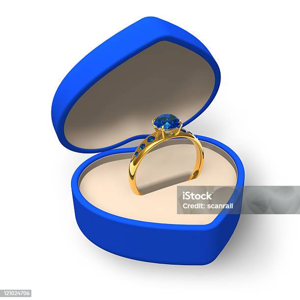 Golden Ring With Sapphires In Blue Heartshape Box Stock Photo - Download Image Now - Engagement Ring, White Background, Box - Container